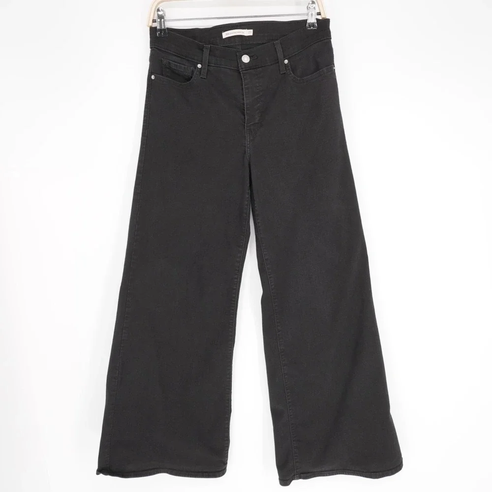Levi's 318 Shaping Jeans Womens 29 Black Wide Leg Flare Stretch Mid Rise Y2K - Picture 12 of 13